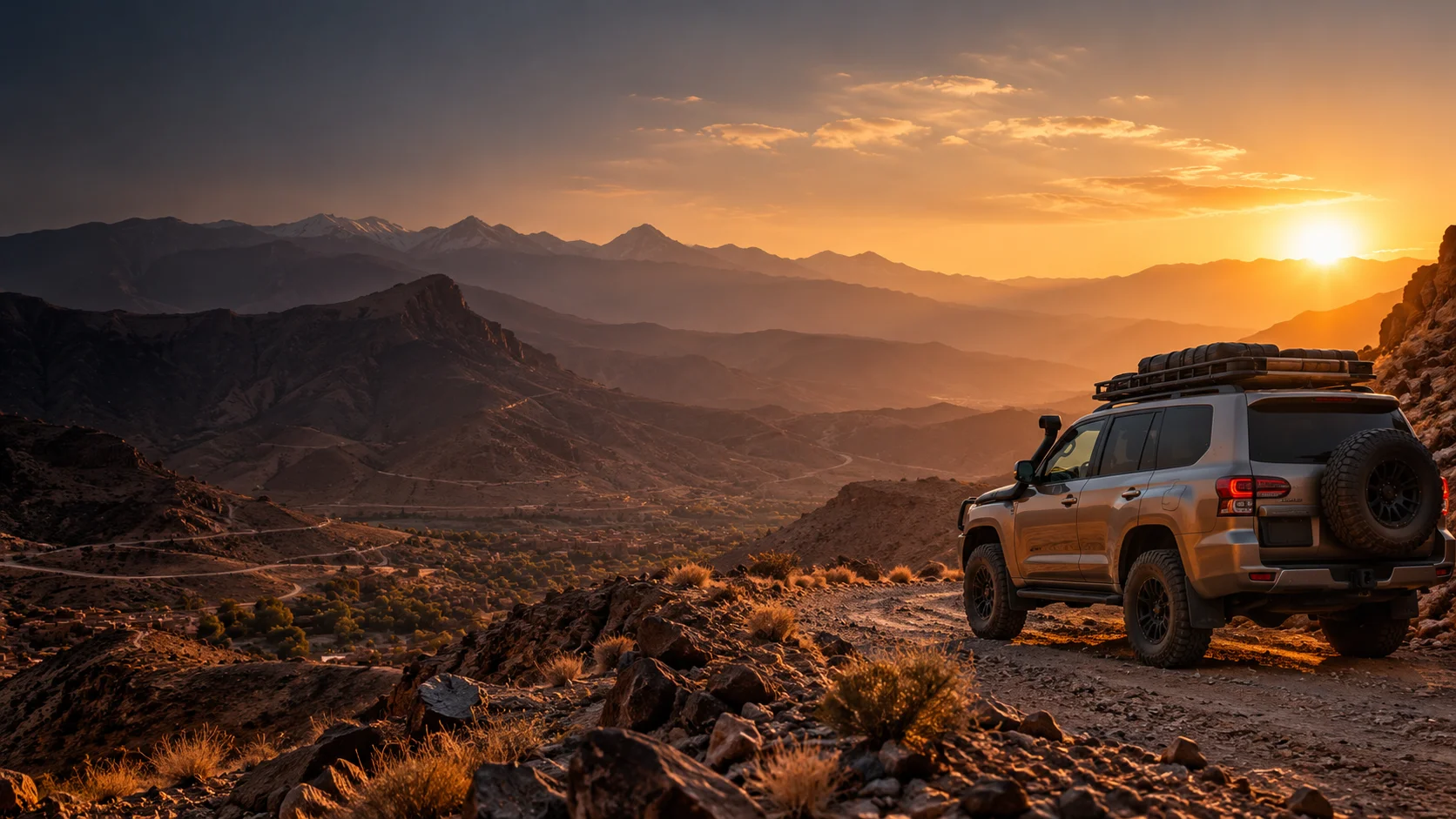 Illustrative 4×4 expedition vehicle looking out over an Atlas-like mountain desert valley at golden hour