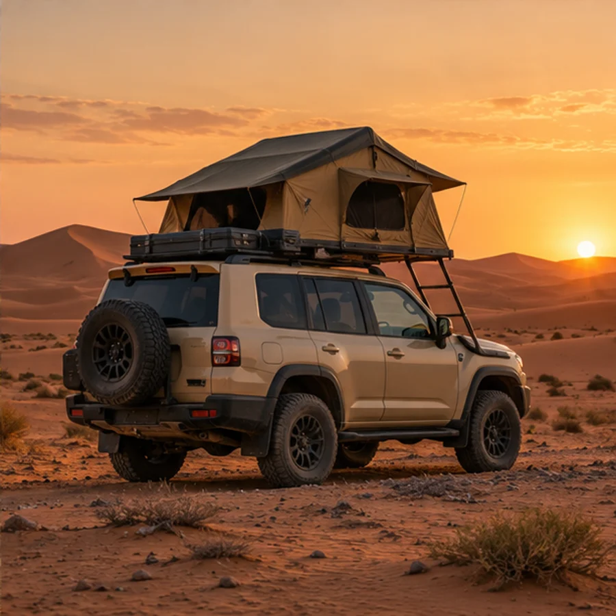 Rooftop-tent 4×4 camp at the edge of golden desert dunes, illustrative image